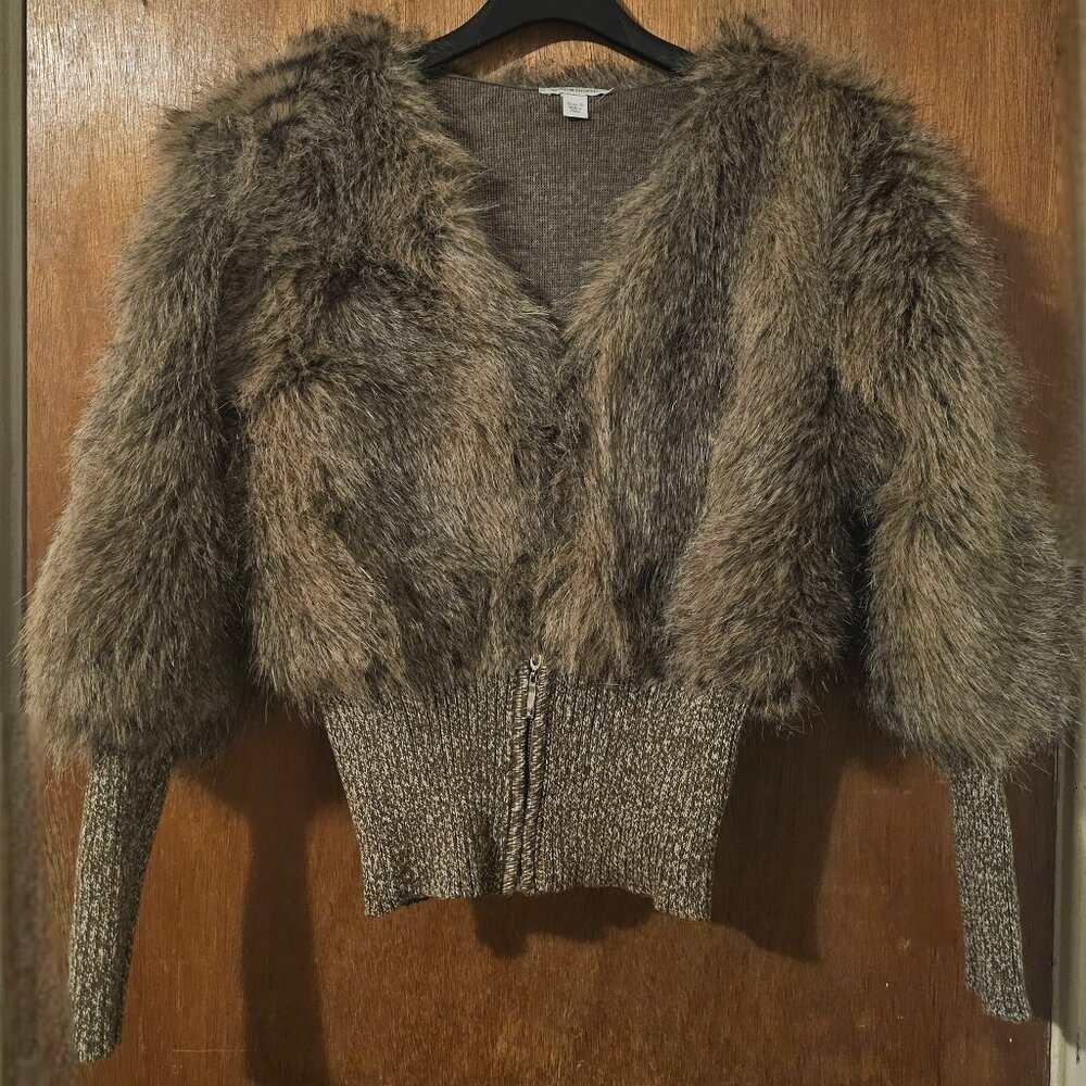 Vintage Boston Proper S Faux Raccoon Fur Chevron Rib Knit Trim Zip Sweater Soft